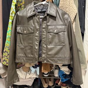 Zara Dark Brown Leather Shirt Jacket